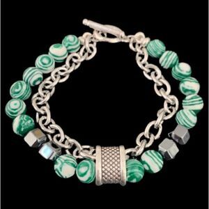 Women’s Green Malachite & Hematite Beaded Bracelet with Silver Tone Chain